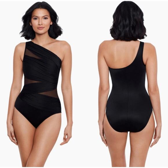 MiracleSuit Womens Jena One Shoulder One Piece Size 16 Black Mesh Slimming Beach - Picture 1 of 16
